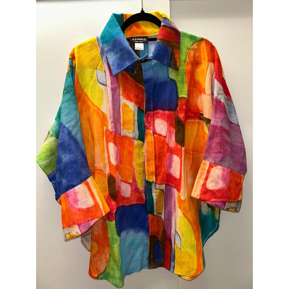 Dilemma New York Womens Abstract Art Print Cotton Button Down Shirt Multi Color